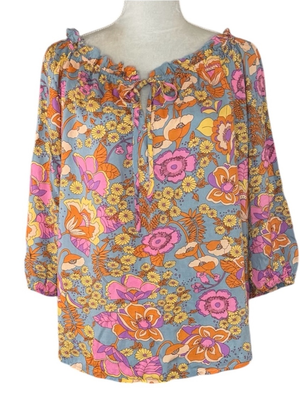 Retro Floral Peasant Blouse – Boho Tie Neck 3/4 Sleeve Size Unknown